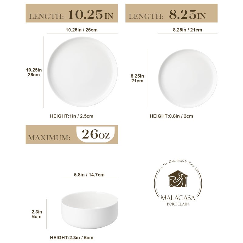 MALACASA Plates and Bowls Sets, 12 Pieces Porcelain Dinnerware Sets Dishware Sets Chip Resistant Ceramic Dish Set Dining Dinner Ware Service for 4, White, Series LUNA - Image 2