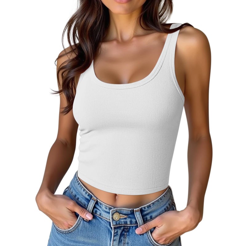 eQFeast Women's Sleeveless Crop Top Cotton Basic Scoop Neck Tank Tops, Ribbed Casual Summer Cropped Shirt for Women White - Image 2
