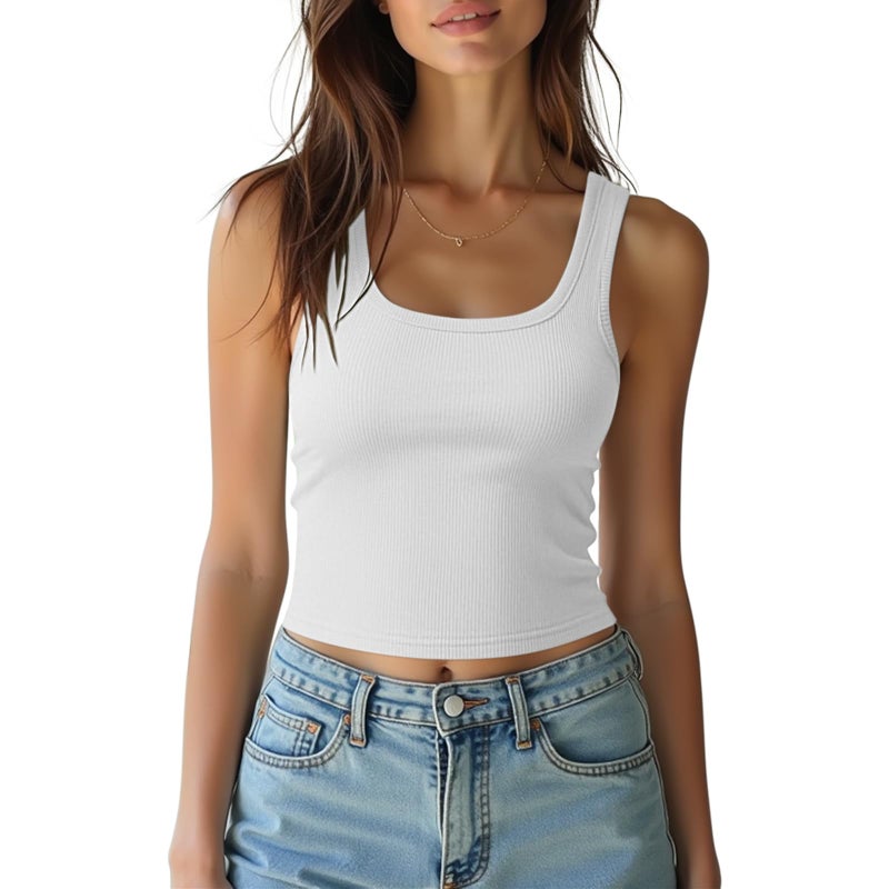 eQFeast Women's Sleeveless Crop Top Cotton Basic Scoop Neck Tank Tops, Ribbed Casual Summer Cropped Shirt for Women White - Image 1