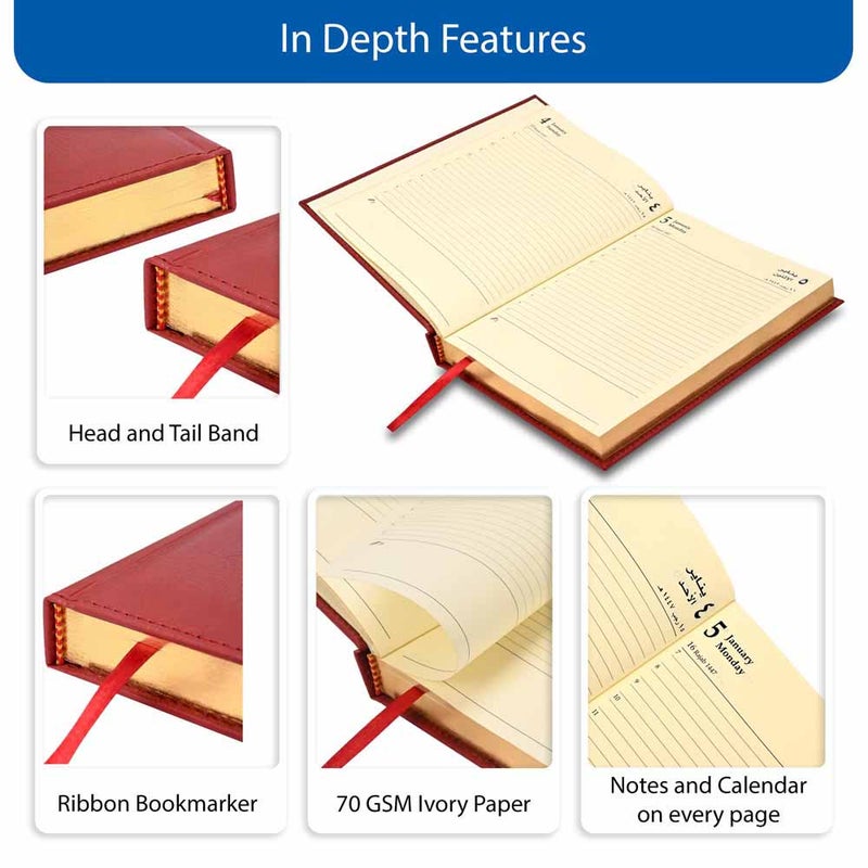 FIS مفكرة FIS 2026 الذهبية A5، 148x210 مم، غلاف إيطالي PU مبطن من جانب واحد، حواف مطلية بالذهب وغلاف مخيط، عربي/إنجليزي، ورق عاجي إيطالي 70 جرام، غلاف ماروني-FSDI26AEG26MR - Image 5