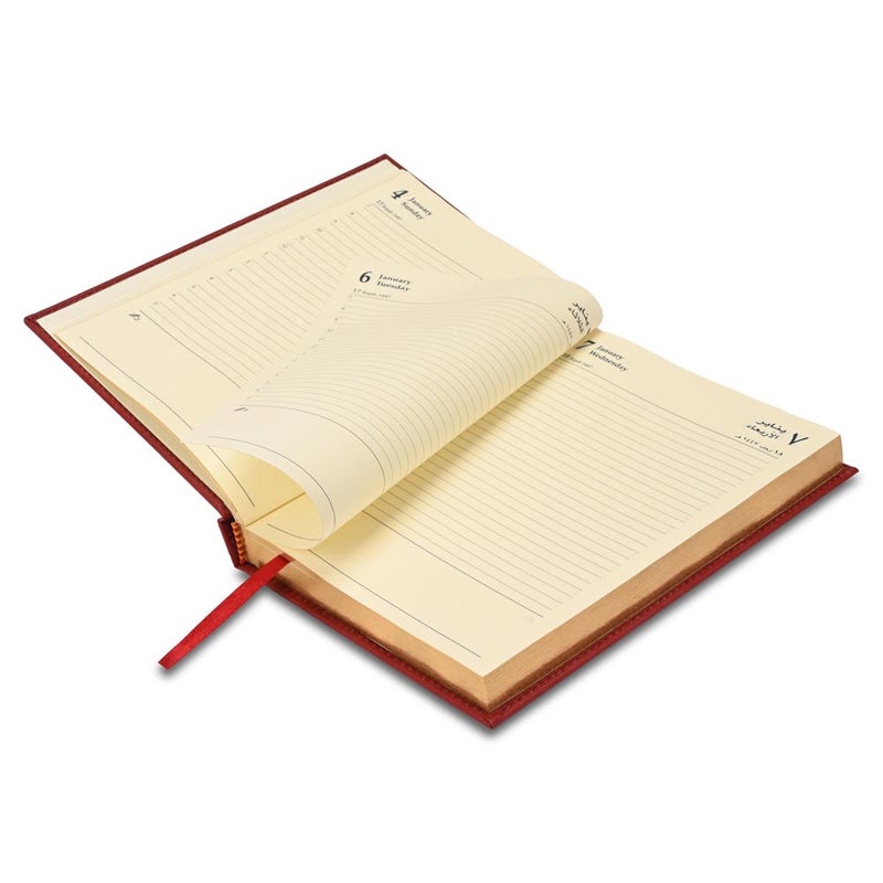 FIS مفكرة FIS 2026 الذهبية A5، 148x210 مم، غلاف إيطالي PU مبطن من جانب واحد، حواف مطلية بالذهب وغلاف مخيط، عربي/إنجليزي، ورق عاجي إيطالي 70 جرام، غلاف ماروني-FSDI26AEG26MR - Image 4