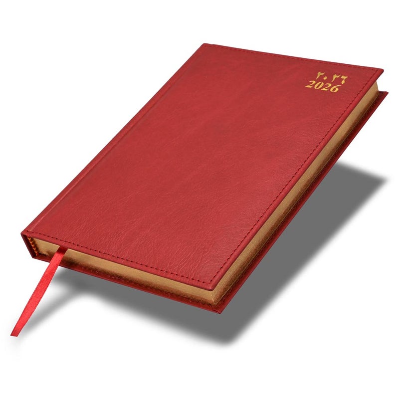 FIS مفكرة FIS 2026 الذهبية A5، 148x210 مم، غلاف إيطالي PU مبطن من جانب واحد، حواف مطلية بالذهب وغلاف مخيط، عربي/إنجليزي، ورق عاجي إيطالي 70 جرام، غلاف ماروني-FSDI26AEG26MR - Image 1