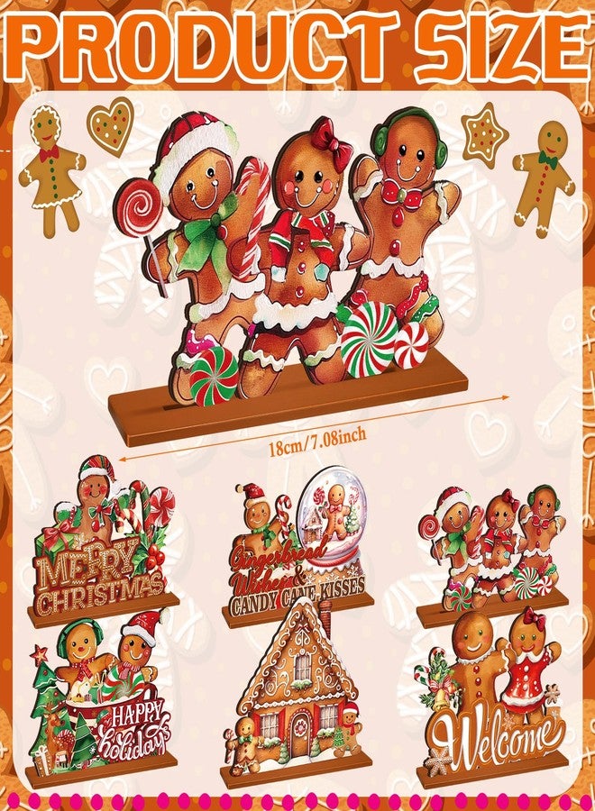 DoubleFill مجموعة دبل فيل من 6 قطع لتزيين طاولة عيد الميلاد على شكل خبز الزنجبيل - قطع خشبية مركزية على شكل حلوى خبز الزنجبيل لتزيين المنزل أو المكتب أو سطح الطاولة - Image 2