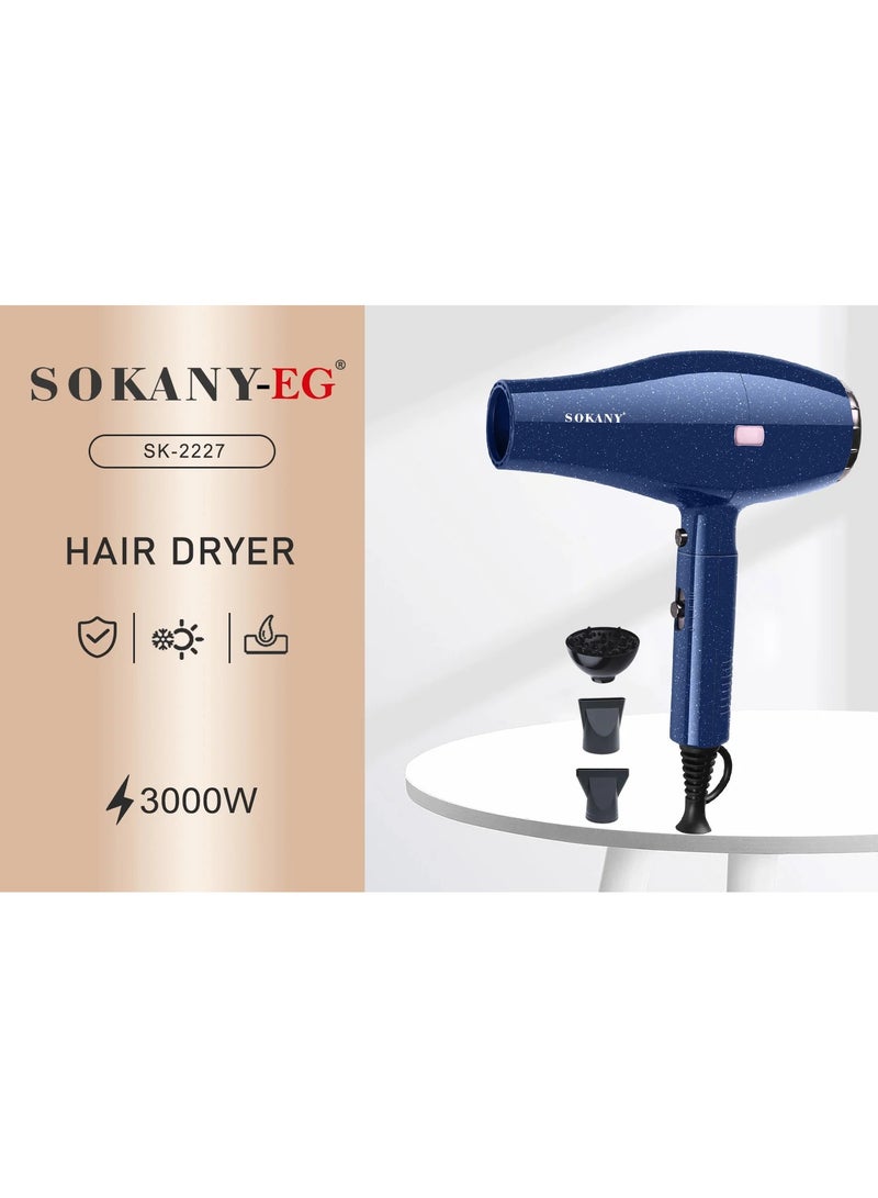Sokany SK-2227 Ionic Hair Dryer, 3000W Fast Drying Hair Dryer, Professional Hair Dryer, 2 Speeds, 2 Temperature Settings, Includes Diffuser and Styling Nozzle, Blue - Image 1
