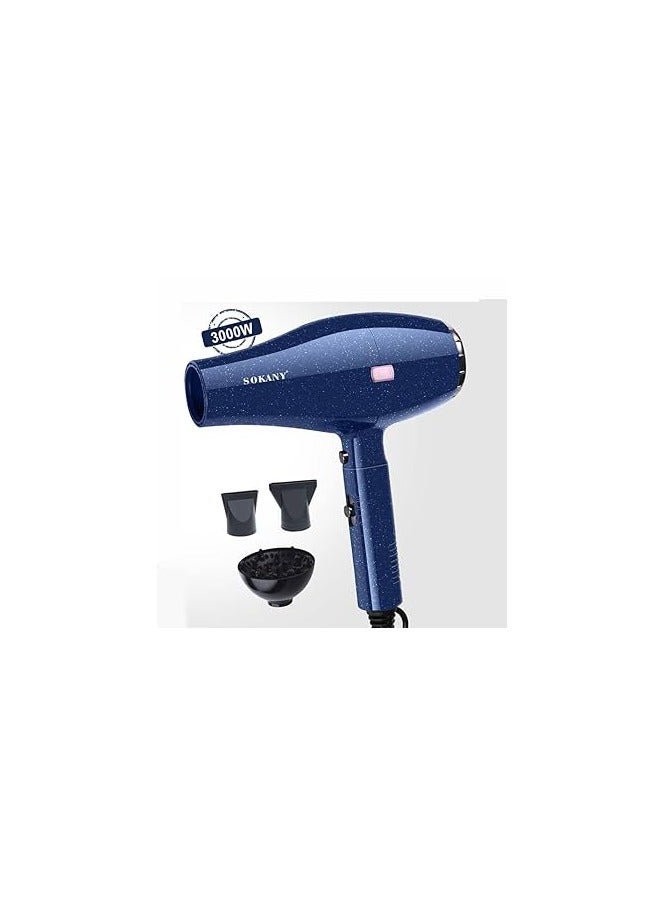 Sokany SK-2227 Ionic Hair Dryer, 3000W Fast Drying Hair Dryer, Professional Hair Dryer, 2 Speeds, 2 Temperature Settings, Includes Diffuser and Styling Nozzle, Blue - Image 2