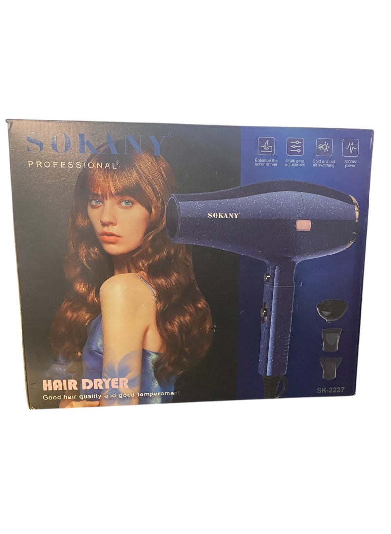 Sokany SK-2227 Ionic Hair Dryer, 3000W Fast Drying Hair Dryer, Professional Hair Dryer, 2 Speeds, 2 Temperature Settings, Includes Diffuser and Styling Nozzle, Blue - Image 3
