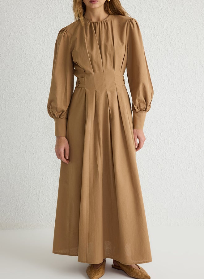 trendyol Camel 100% Cotton Pleated Woven Dress - Image 3