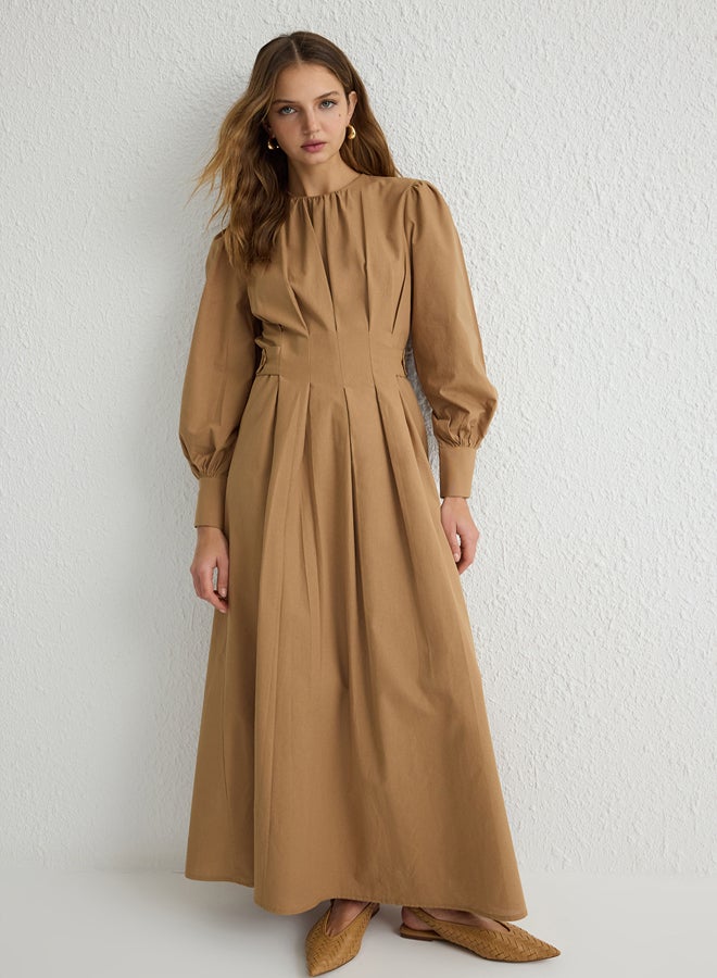 trendyol Camel 100% Cotton Pleated Woven Dress - Image 2