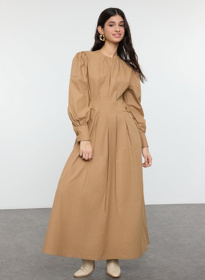 trendyol Camel 100% Cotton Pleated Woven Dress - Image 5