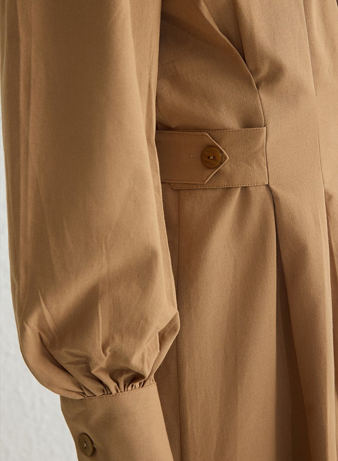 trendyol Camel 100% Cotton Pleated Woven Dress - Image 4