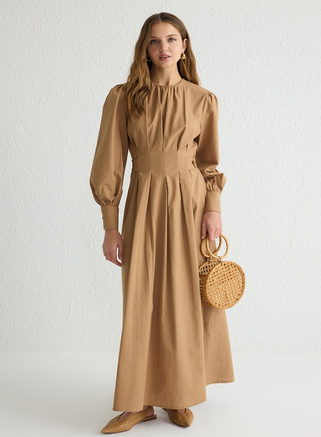 trendyol Camel 100% Cotton Pleated Woven Dress - Image 1