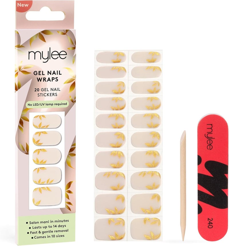 Mylee Gel Nail Wraps Golden Era 10 PreCured Gel Stickers for Instant Mani No Lamp Needed ChipResistant Glossy Finish Lasts Up to 14 Days Easy to Apply Vegan CrueltyFree