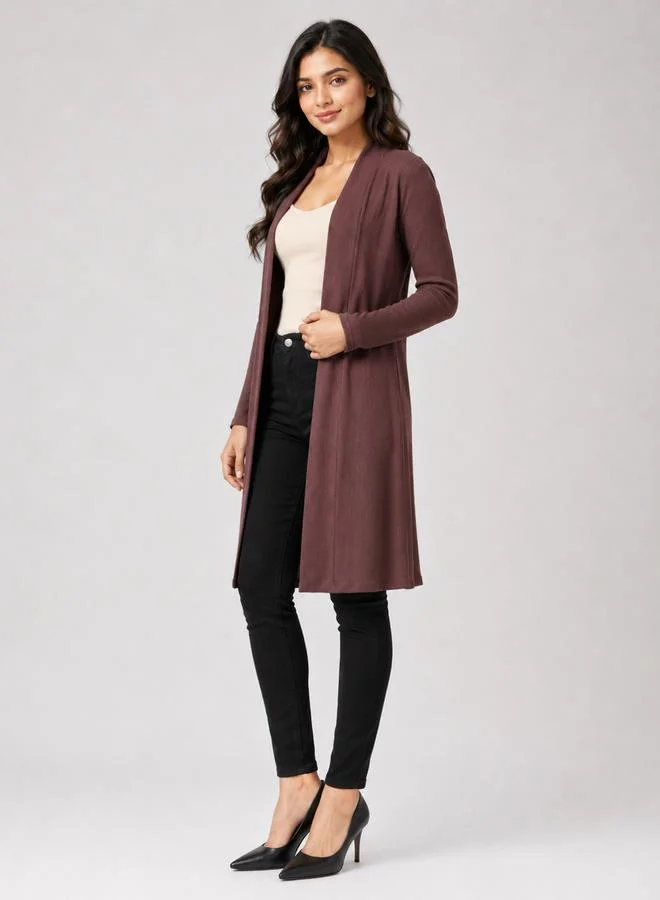 تايك تو Brown Solid Ribbed Longline Open Front Shrug By Gravt