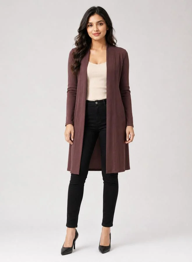 تايك تو Brown Solid Ribbed Longline Open Front Shrug By Gravt