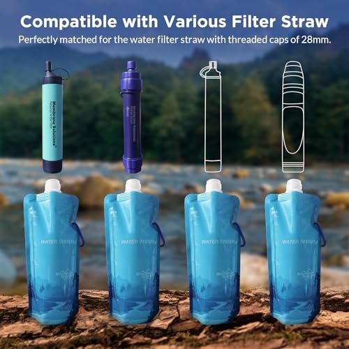 Membrane Solutions 23oz Collapsible Water Bottle for Water Filter Straw, Reusable Water Pouch with Carabiner and Measurement, Foldable Water Container Bag for Hiking Camping Travel Emergency - 4 Pack - Image 3