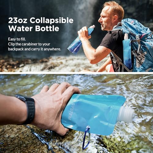 Membrane Solutions 23oz Collapsible Water Bottle for Water Filter Straw, Reusable Water Pouch with Carabiner and Measurement, Foldable Water Container Bag for Hiking Camping Travel Emergency - 4 Pack - Image 4