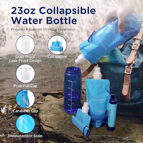 Membrane Solutions 23oz Collapsible Water Bottle for Water Filter Straw, Reusable Water Pouch with Carabiner and Measurement, Foldable Water Container Bag for Hiking Camping Travel Emergency - 4 Pack - Image 5