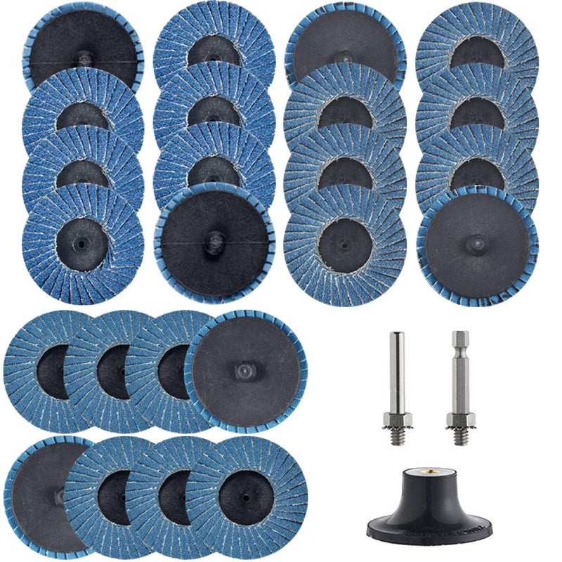 Tshya 24 Pcs 2 inch Roll Lock Flap Discs with 1/4" Holder Die Grinder Attachments T27 Zirconia Flat 36/60/80 Grit Grinding Wheels for Surface Prep - Image 1