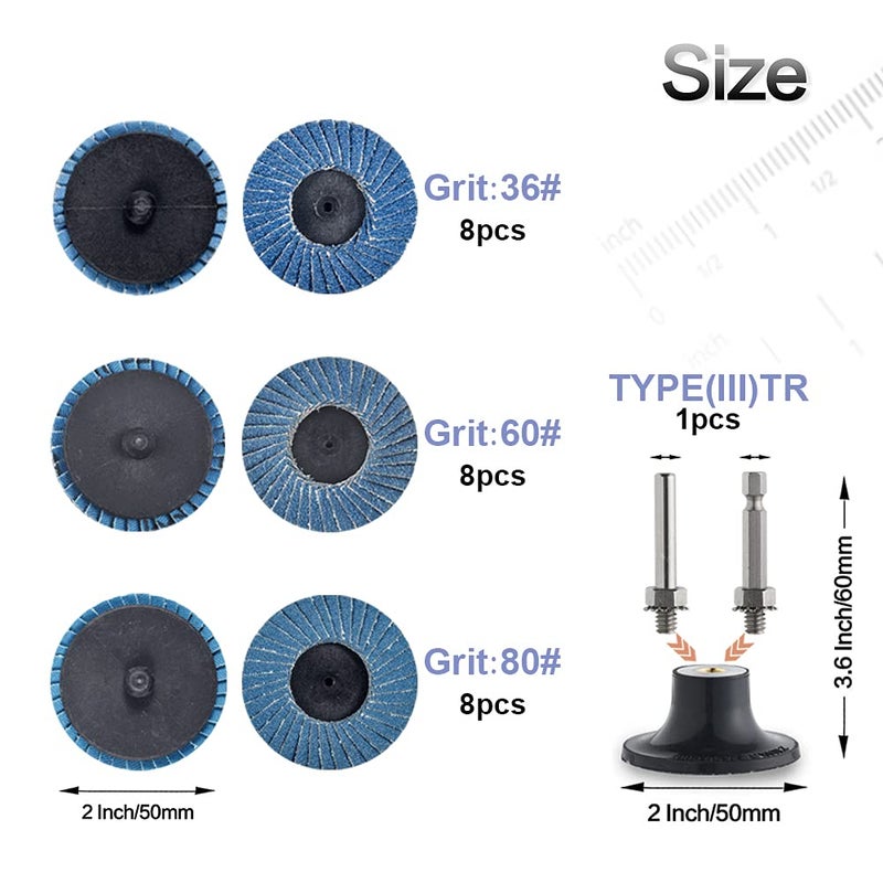 Tshya 24 Pcs 2 inch Roll Lock Flap Discs with 1/4" Holder Die Grinder Attachments T27 Zirconia Flat 36/60/80 Grit Grinding Wheels for Surface Prep - Image 2