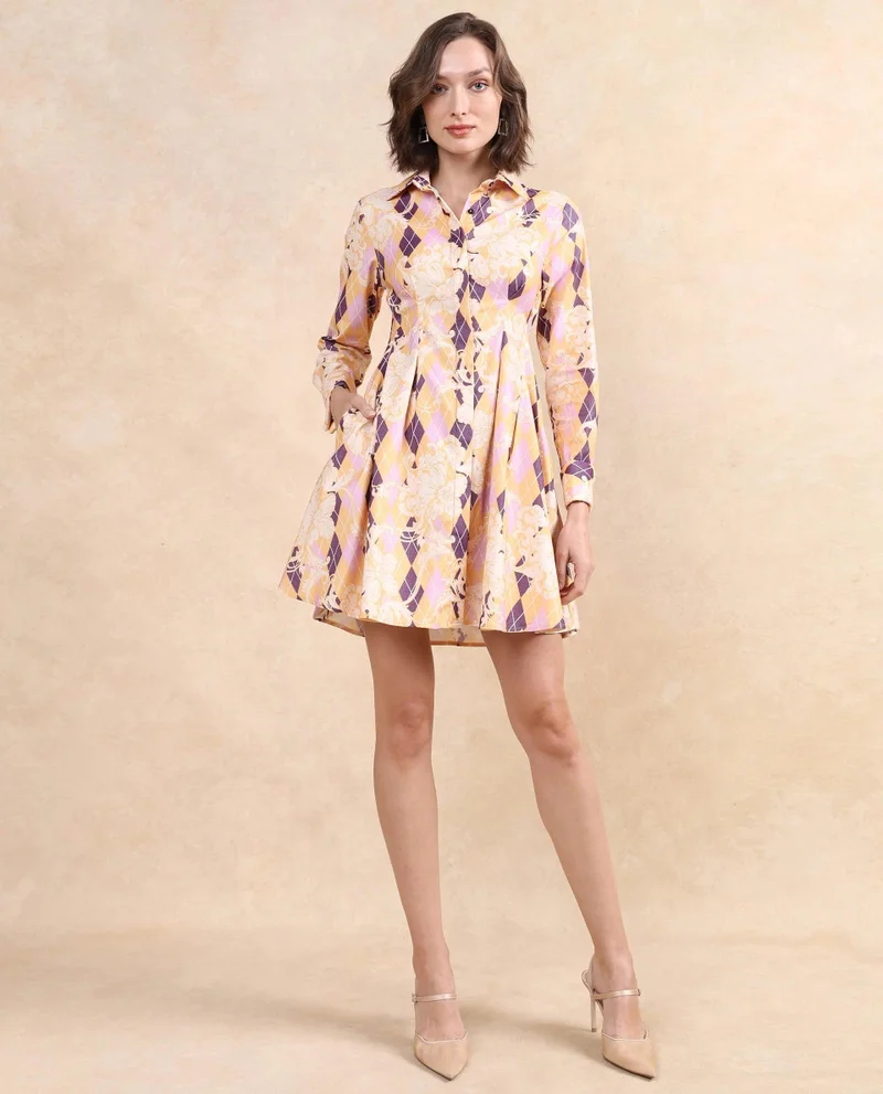 Rareism Women's Floral Print A-Line Shirt Dress