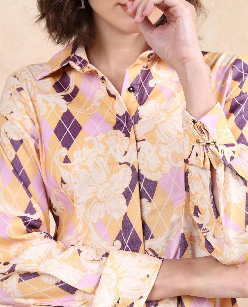 Rareism Women's Floral Print A-Line Shirt Dress