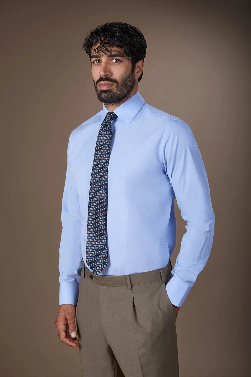 Men's shirt with classic collar in 100% cotton woven micro houndstooth pattern - LT Sky