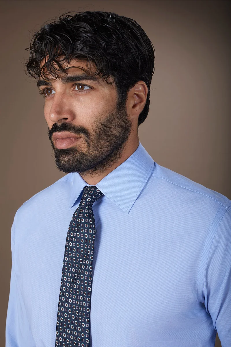 Doppelganger Blue Men's shirt with classic collar in 100% cotton woven micro houndstooth pattern - LT Sky for Men | Best Price UAE