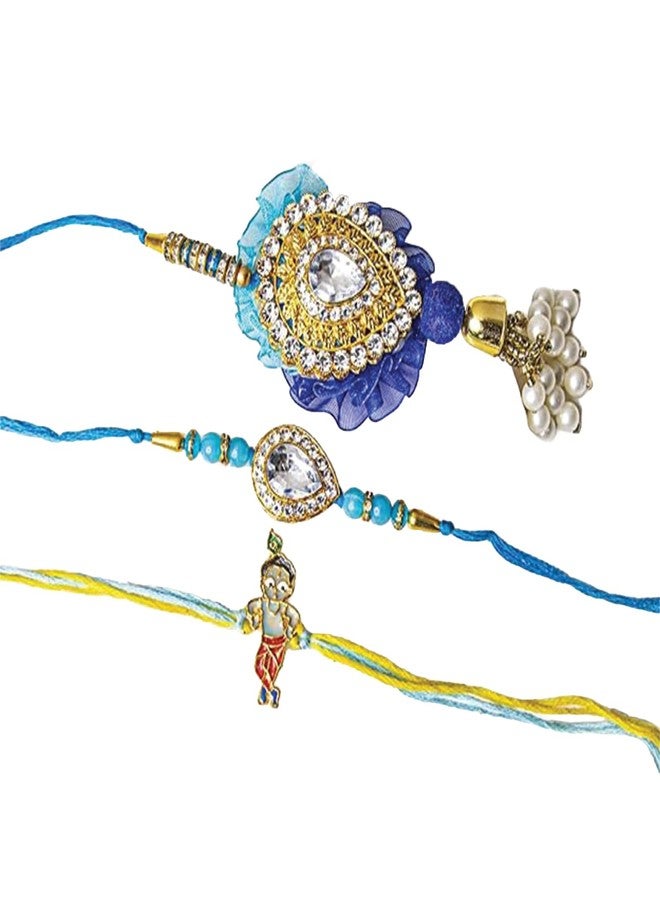 Kaameri Bazaar Krishna with Lumba Rakhi for Brother and Bhabhi and Kid - Rakhi for girls, boys with Roli Chawal Pack and Greeting Card Rakshabandhan Family Rakhi Set of 3 - Image 1