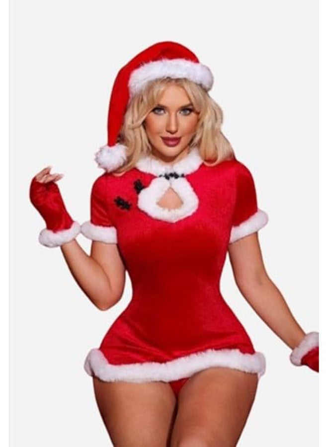 هنادى قميص نوم تنكري كريسماس قطيفة احمر مع طاقية وجوانتي فرو ابيض – ساوان سايز حتى 80 كيلو – HN 9010 - Image 2
