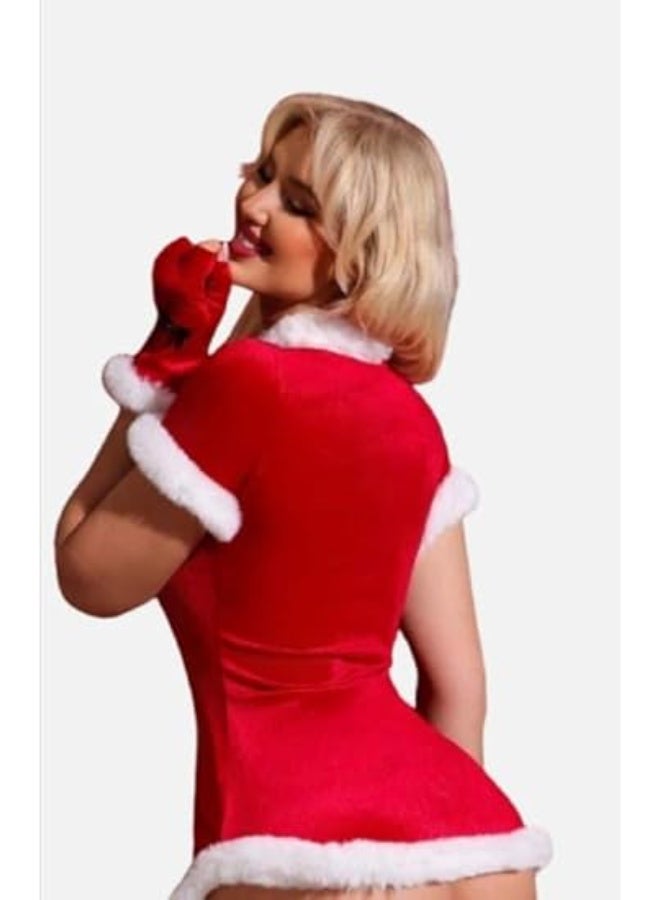هنادى قميص نوم تنكري كريسماس قطيفة احمر مع طاقية وجوانتي فرو ابيض – ساوان سايز حتى 80 كيلو – HN 9010 - Image 3