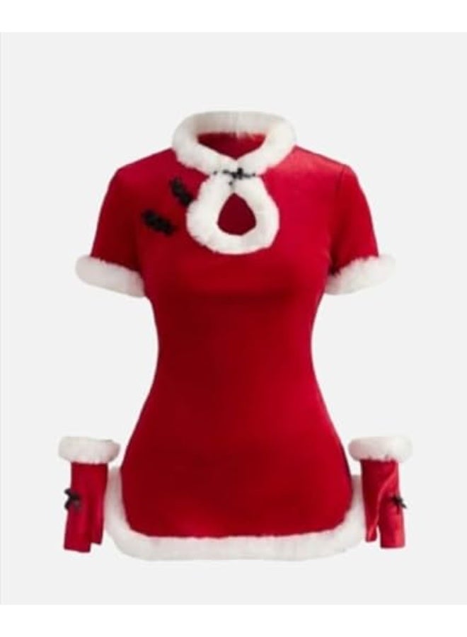 هنادى قميص نوم تنكري كريسماس قطيفة احمر مع طاقية وجوانتي فرو ابيض – ساوان سايز حتى 80 كيلو – HN 9010 - Image 1