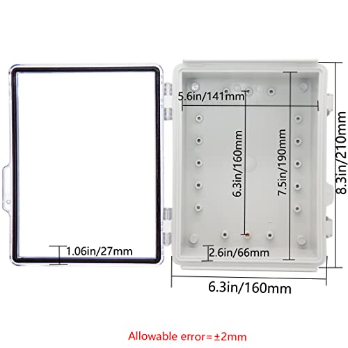 Zulkit Junction Box,IP67 Waterproof Electrical Box Hinged Clear Cover Stainless Steel Buckle Plastic Project Enclosure w Mounting Plate Wall Bracket and 2 Cable Gland 8.3"x6.3"x3.9"/210x160x100mm - Image 5