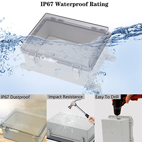 Zulkit Junction Box,IP67 Waterproof Electrical Box Hinged Clear Cover Stainless Steel Buckle Plastic Project Enclosure w Mounting Plate Wall Bracket and 2 Cable Gland 8.3"x6.3"x3.9"/210x160x100mm - Image 3