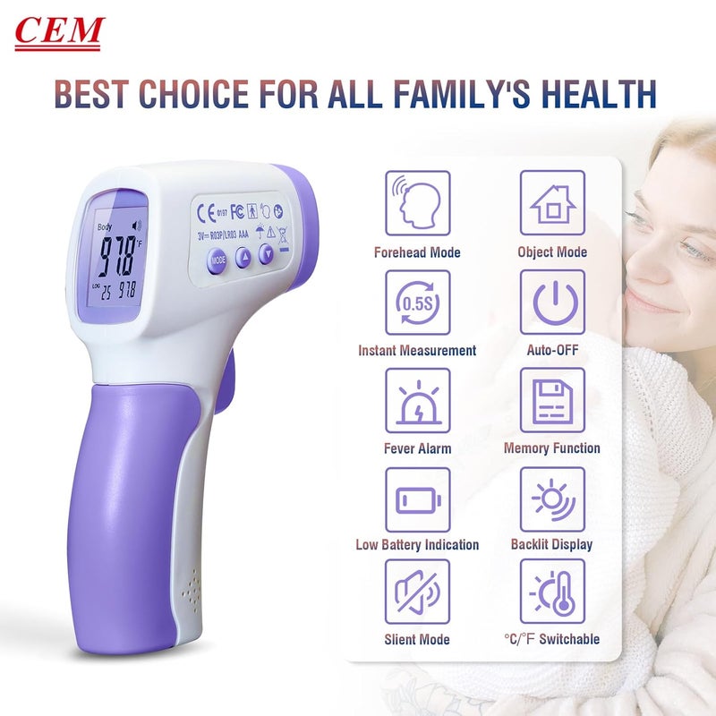 CEM DT8806 Digital Thermometer for Adults and Kids No Touch Forehead Thermometer for Baby 2 in 1 Body Surface Mode Infrared Thermometer with Fever Alarm and Instant Accuracy Readings Purple - Image 2
