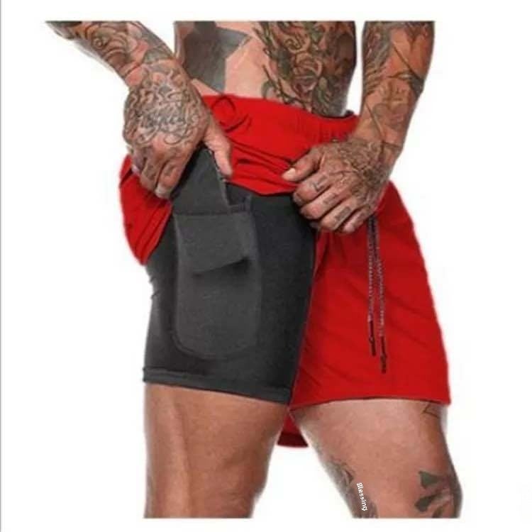 Mens Double-Layer Quick-Dry Running Shorts Khaki  - Image 4