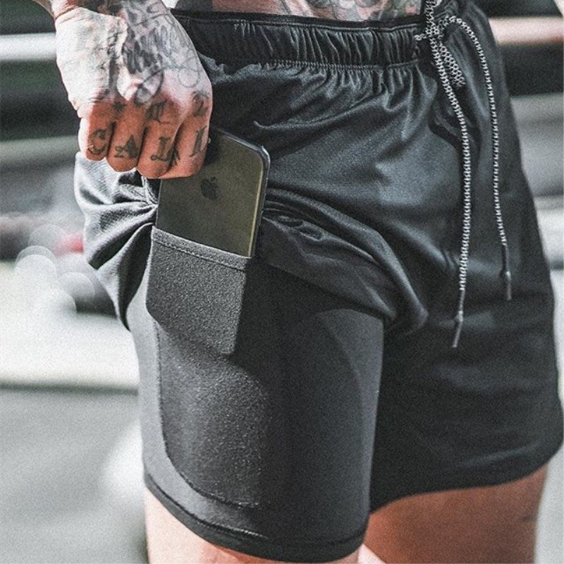 Mens Double-Layer Quick-Dry Running Shorts Khaki  - Image 2