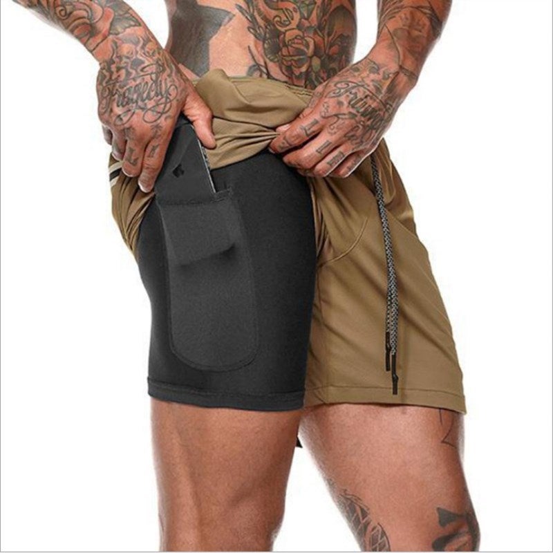 Mens Double-Layer Quick-Dry Running Shorts Khaki  - Image 1