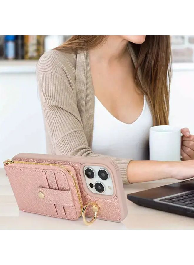 Rose Golden Diagonal Zipper Wallet Case For iPhone 12 With RFID Protection - Image 4