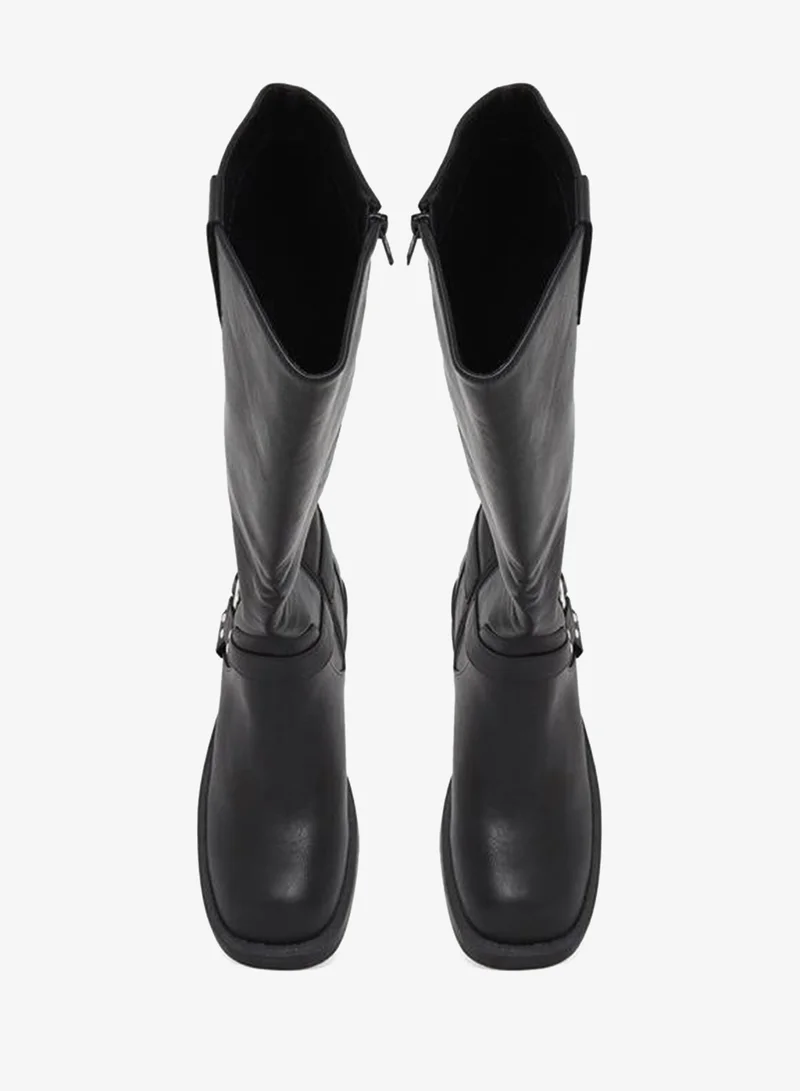 Styli Black Goth Knight High Boots with Full Zip Closure for Women | Best Price UAE