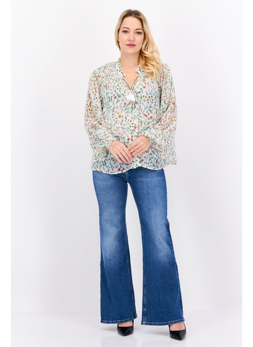 Pepe Jeans Women Tie Neck Long Sleeve Floral Print Blouses, Green Combo  - Image 3
