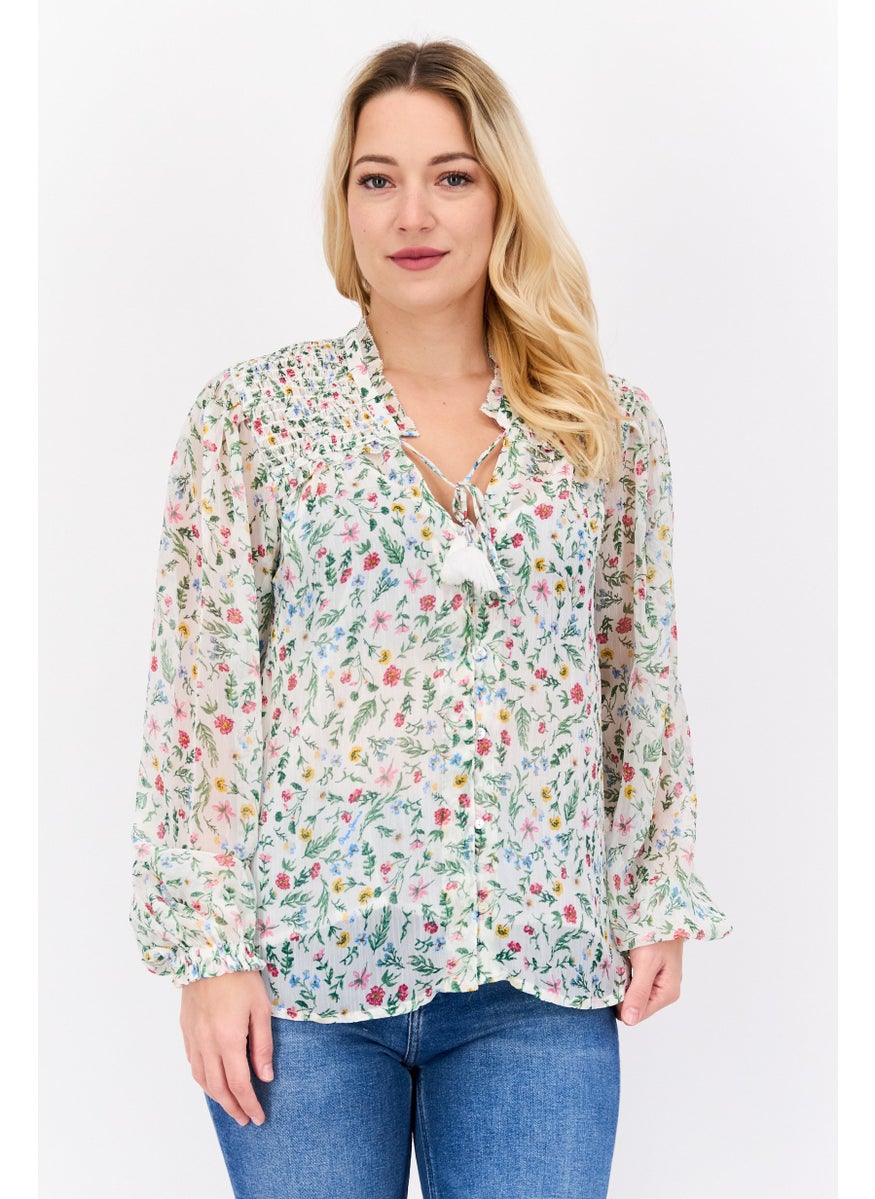 Pepe Jeans Women Tie Neck Long Sleeve Floral Print Blouses, Green Combo  - Image 1