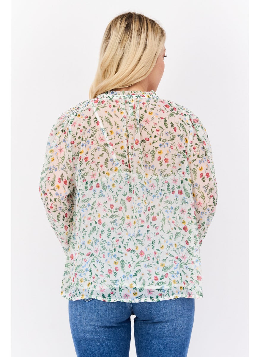 Pepe Jeans Women Tie Neck Long Sleeve Floral Print Blouses, Green Combo  - Image 2