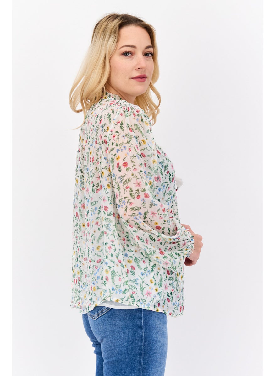 Pepe Jeans Women Tie Neck Long Sleeve Floral Print Blouses, Green Combo  - Image 4