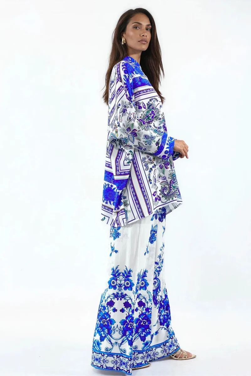 Jennyfer Patterned V-Neck Blouse And Wide-Leg Trousers Set