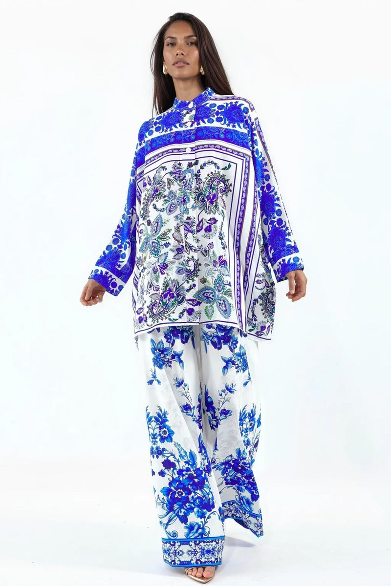 Jennyfer Patterned V-Neck Blouse And Wide-Leg Trousers Set - Image 1