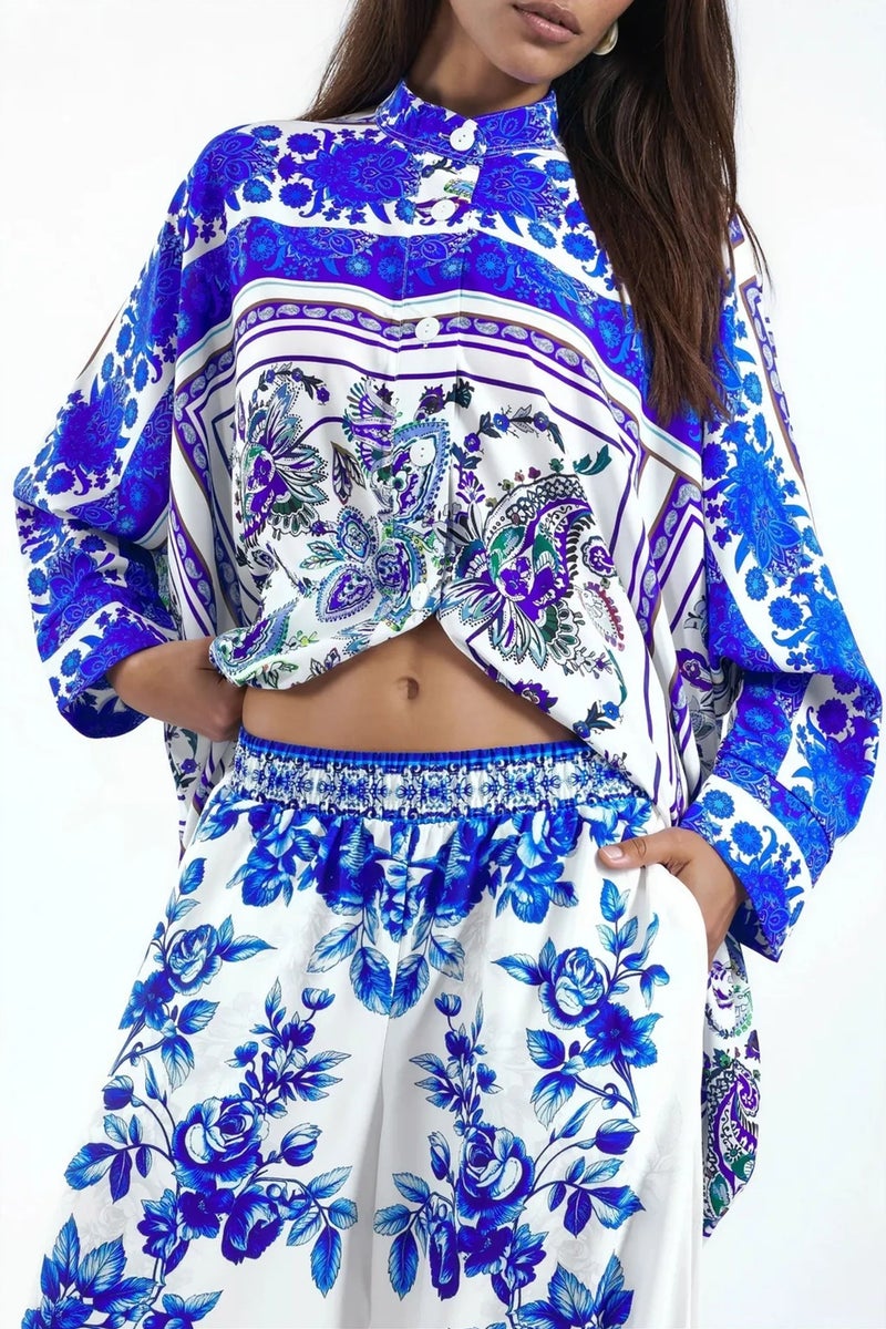 Jennyfer Patterned V-Neck Blouse And Wide-Leg Trousers Set - Image 4