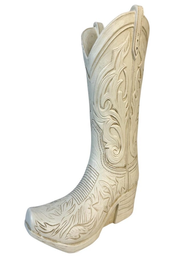Top Brass Cowgirl Boot Flower Vase - 10 1/2” Tall Antique White Finish with Intricate Tooled Leather Detailing - Modern Rustic Western Cowboy Home Décor for Flowers or Standalone Accent - Image 1