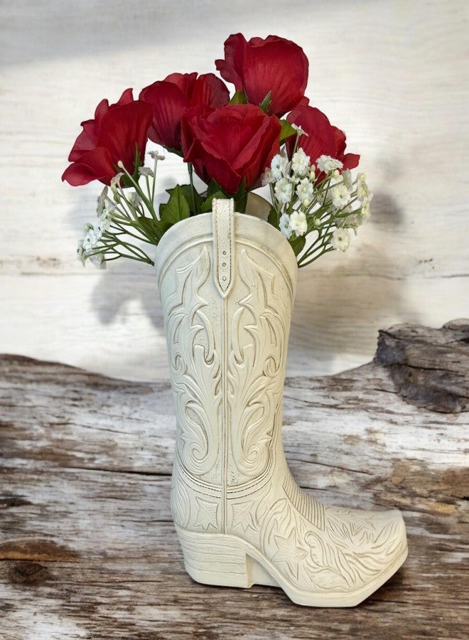 Top Brass Cowgirl Boot Flower Vase - 10 1/2” Tall Antique White Finish with Intricate Tooled Leather Detailing - Modern Rustic Western Cowboy Home Décor for Flowers or Standalone Accent - Image 2