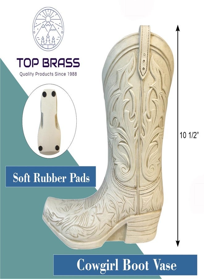 Top Brass Cowgirl Boot Flower Vase - 10 1/2” Tall Antique White Finish with Intricate Tooled Leather Detailing - Modern Rustic Western Cowboy Home Décor for Flowers or Standalone Accent - Image 3