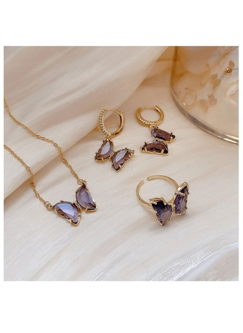 Satinior - Butterfly Element Titanium Steel Butterfly Earrings Necklace Ring Three-Piece Set - Image 1
